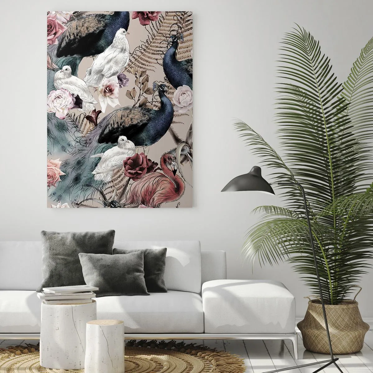 Cuadro sobre vidrio - Impresiones sobre Vidrio - Un paisaje con plumas de pavo real, rosas y pájaros en estilo romántico. - 70x100cm - En un jardín de palacio - Decoración de pared moderna para salón y dormitorio ARTTOR
