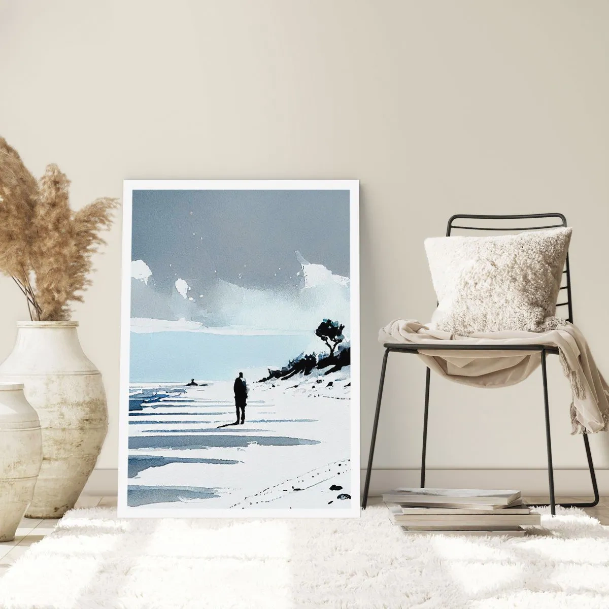 Póster - Una figura solitaria en la playa en tonos de acuarela. - 50x70cm - Solo conmigo mismo - Decoración de pared moderna para salón y dormitorio ARTTOR