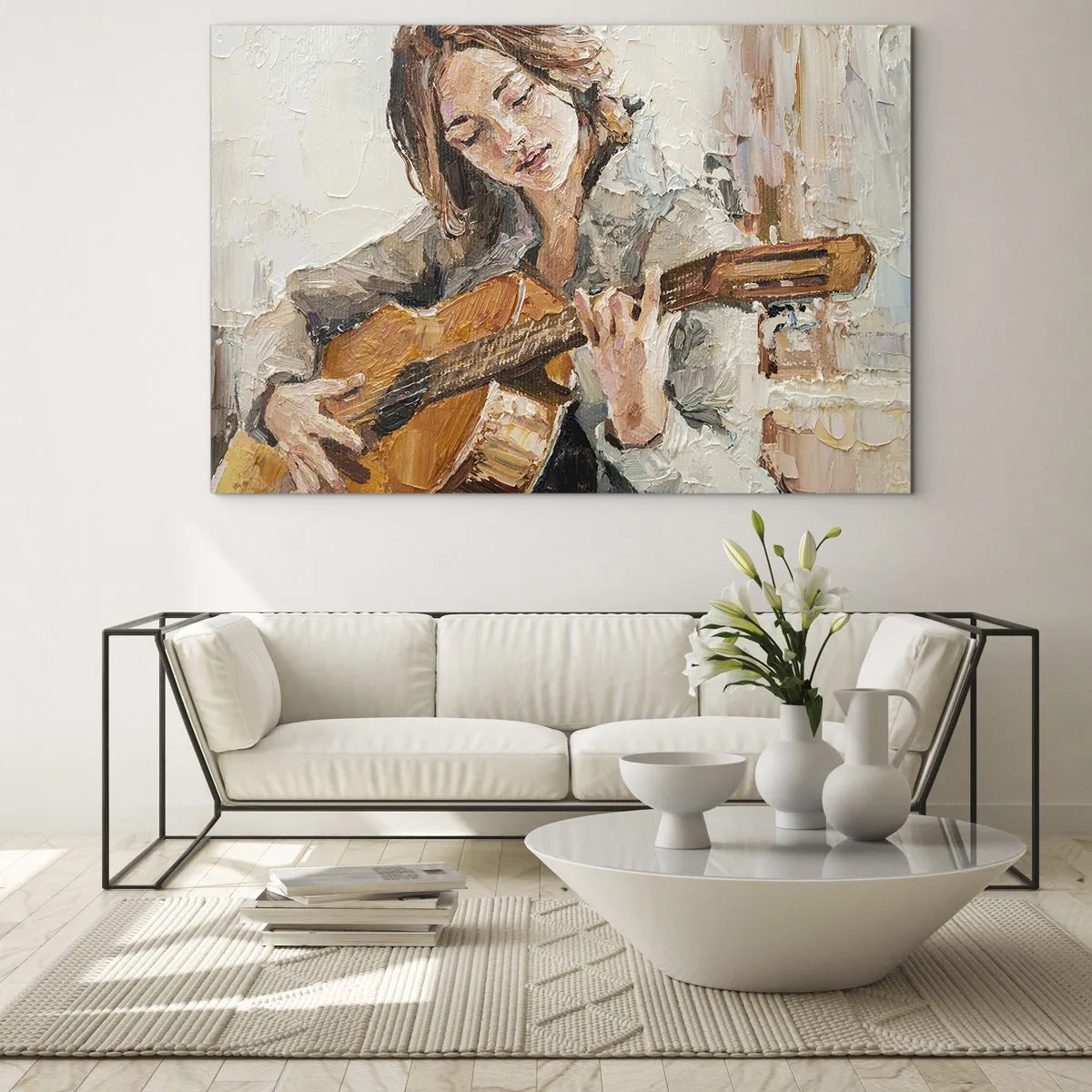 Cuadro sobre vidrio - Impresiones sobre Vidrio - Una niña tocando la guitarra en estilo impresionista. - 120x80cm - Concierto de guitarra y corazón joven - Decoración de pared moderna para salón y dormitorio ARTTOR