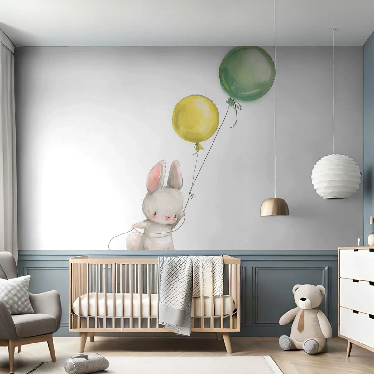 Fotomural Premium Sand - Adorable conejito flotando sobre globos en acuarela. - 100x70cm - ¡Yo también volaré! - Decoración de pared moderna para salón y dormitorio ARTTOR