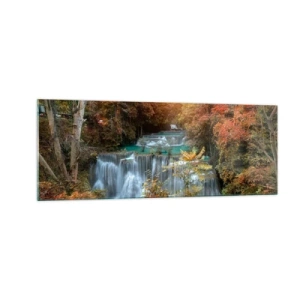 Cuadro sobre vidrio - Impresiones sobre Vidrio - Cascada de otoño rodeada de árboles coloridos a la luz del sol. - 140x50cm - El tesoro escondido del bosque - Decoración de pared moderna para salón y dormitorio ARTTOR