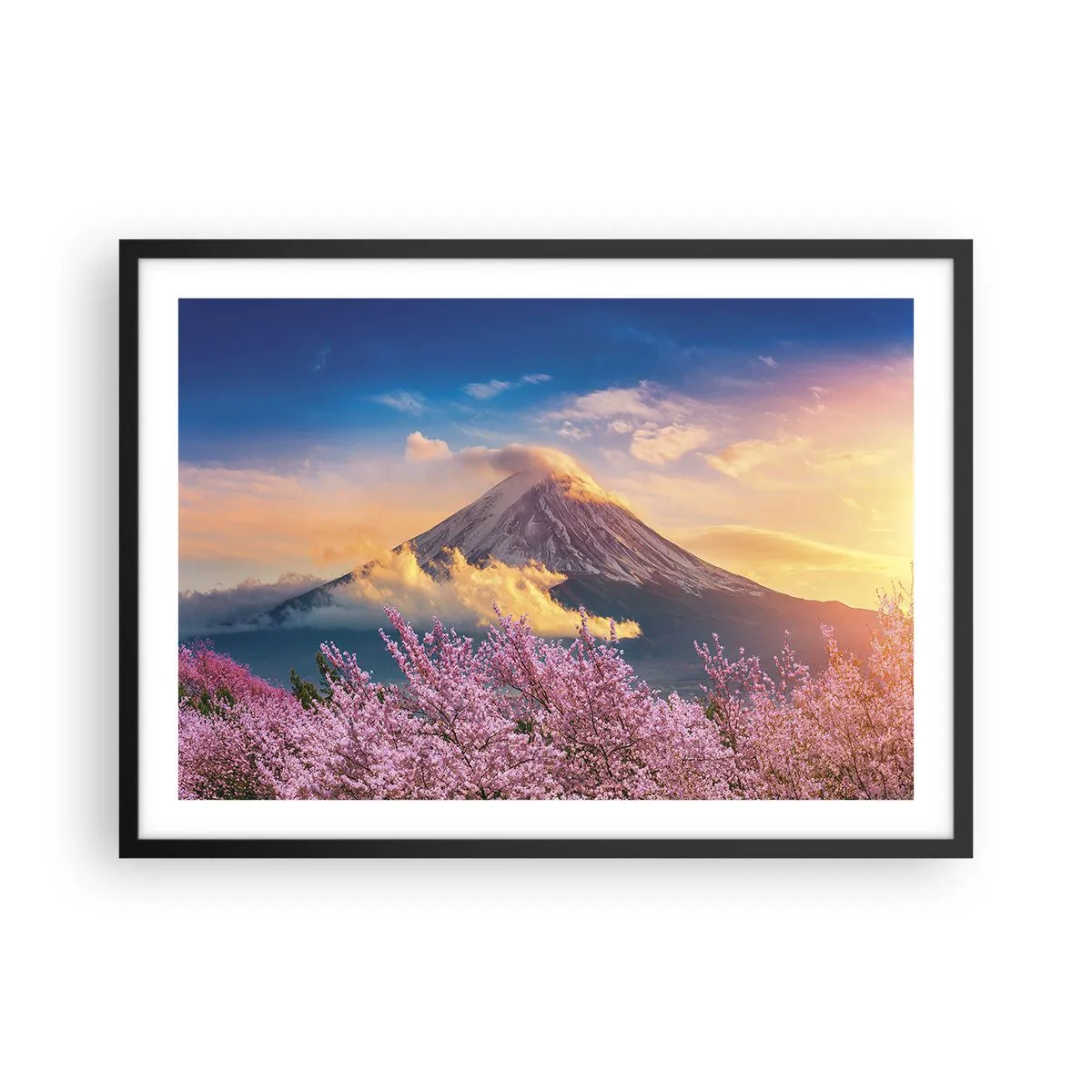 Póster en marco negro - Monte Fuji con flores de cerezo al fondo al atardecer - 70x50cm - La santidad japonesa - Decoración de pared moderna para salón y dormitorio ARTTOR