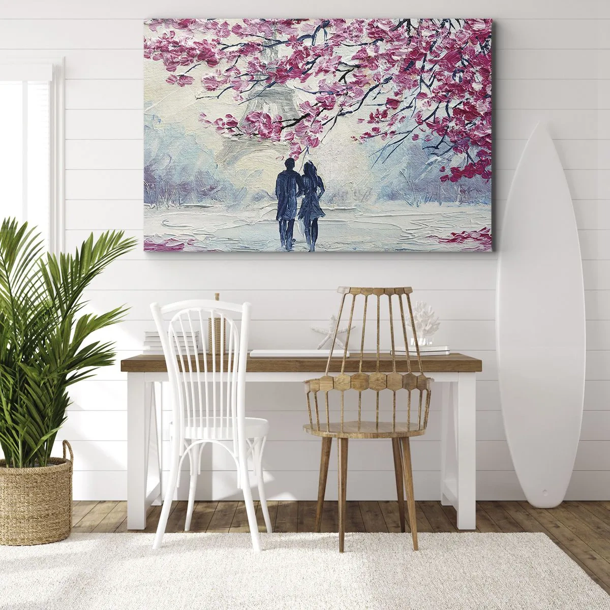 Cuadro sobre lienzo - Impresión de Imagen - Una pareja bajo árboles rosados en flor en un entorno romántico. - 70x50cm - Un paseo romántico - Decoración de pared moderna para salón y dormitorio ARTTOR