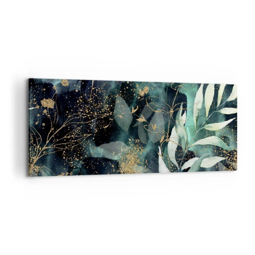 Cuadro sobre lienzo - Impresión de Imagen - Hojas elegantes sobre un fondo oscuro con acentos dorados. - 120x50cm - Jardín encantado - Decoración de pared moderna para salón y dormitorio ARTTOR