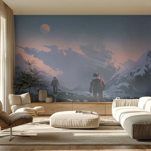 Fotomural Standard Eco - Los astronautas exploran un planeta alienígena con un naufragio. - 100x70cm - Bajo una estrella desconocida - Decoración de pared moderna para salón y dormitorio ARTTOR