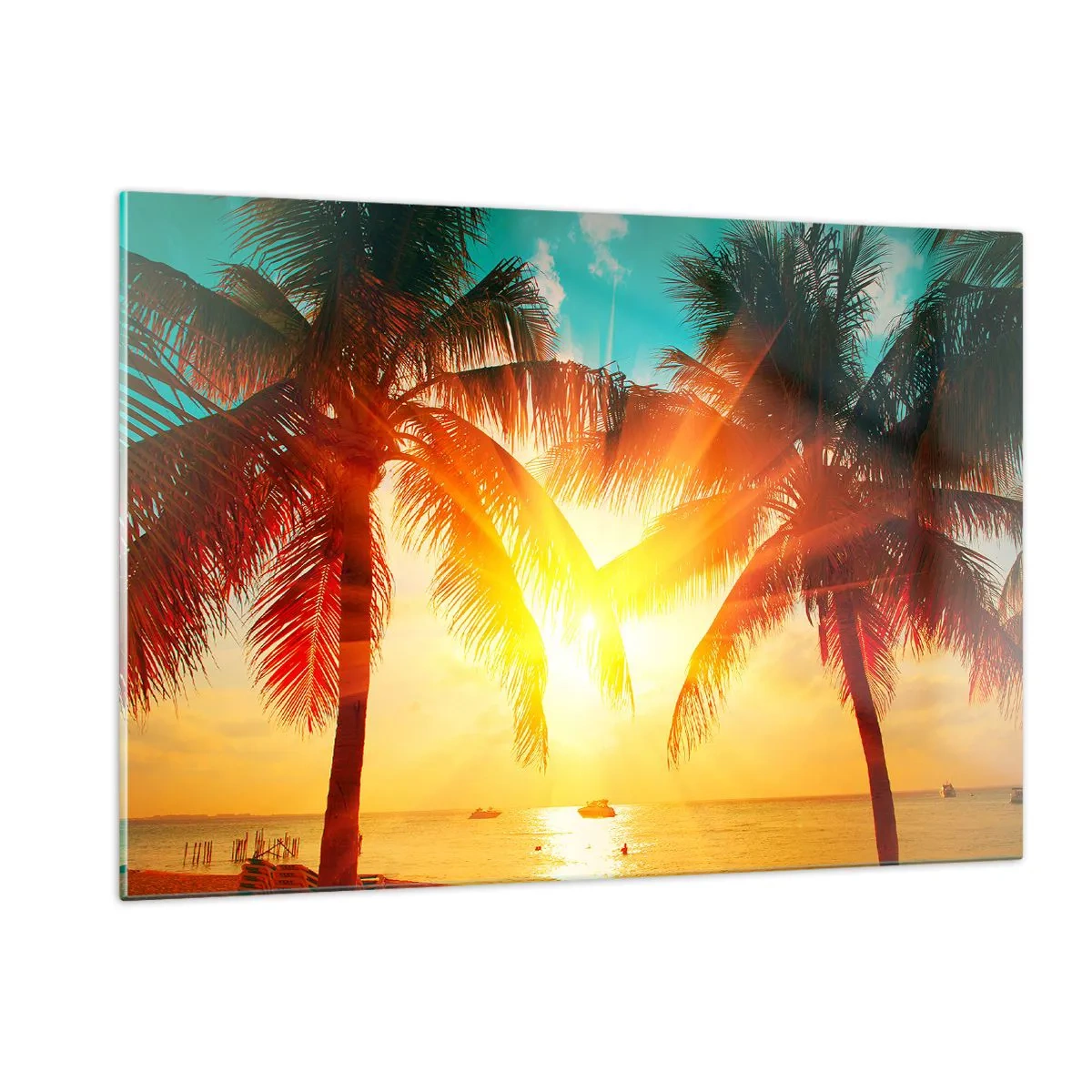 Cuadro sobre vidrio - Impresiones sobre Vidrio - Palmeras iluminadas por el sol sobre una playa tropical - 120x80cm - Pareja exótica - Decoración de pared moderna para salón y dormitorio ARTTOR