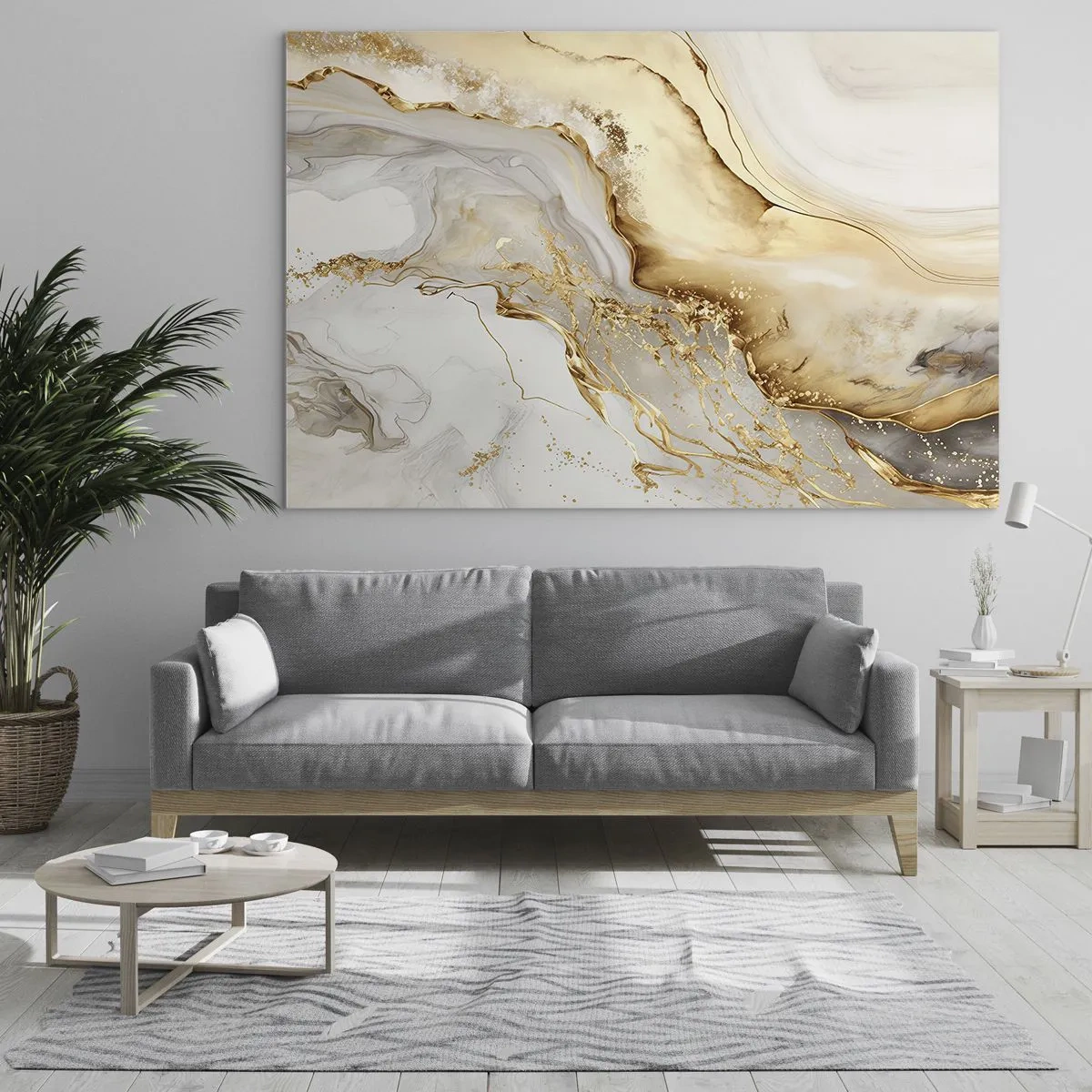 Cuadro sobre vidrio - Impresiones sobre Vidrio - Rayas abstractas doradas y beige sobre un fondo claro - 70x50cm - Abstracción: belleza y bondad - Decoración de pared moderna para salón y dormitorio ARTTOR