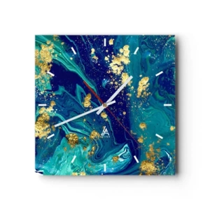 Reloj de pared - Reloj de vidrio - Una composición abstracta con acentos azules, verdes y dorados. - 30x30cm - Pétalos de sol  - Decoración de pared moderna para salón y dormitorio ARTTOR