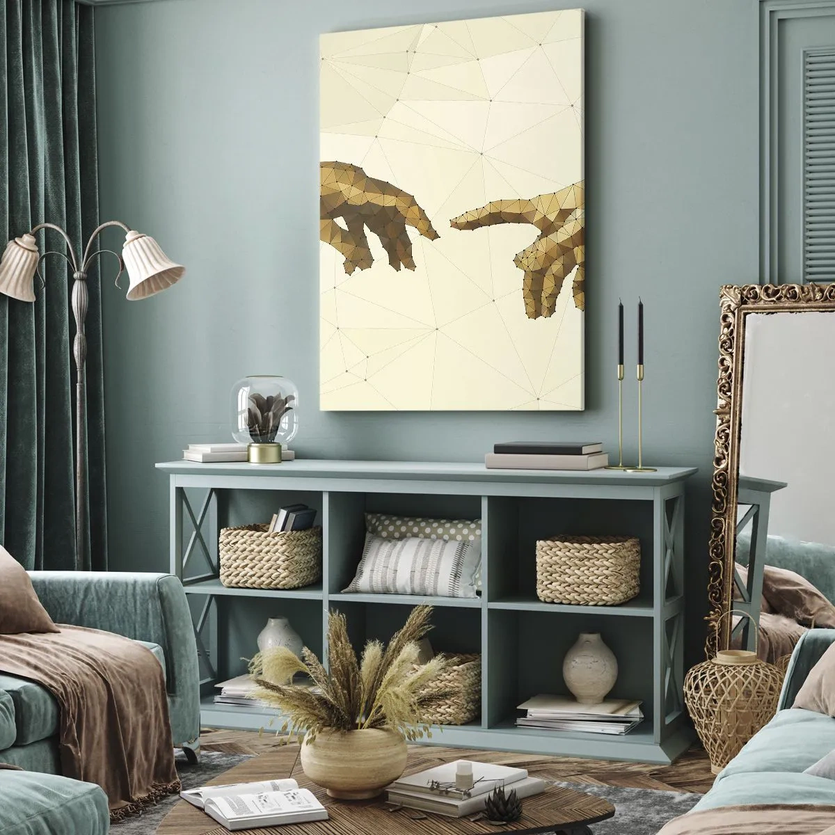 Cuadro sobre lienzo - Impresión de Imagen - Manos geométricas que se extienden una hacia la otra sobre un fondo claro. - 70x100cm - Geometría divina - Decoración de pared moderna para salón y dormitorio ARTTOR