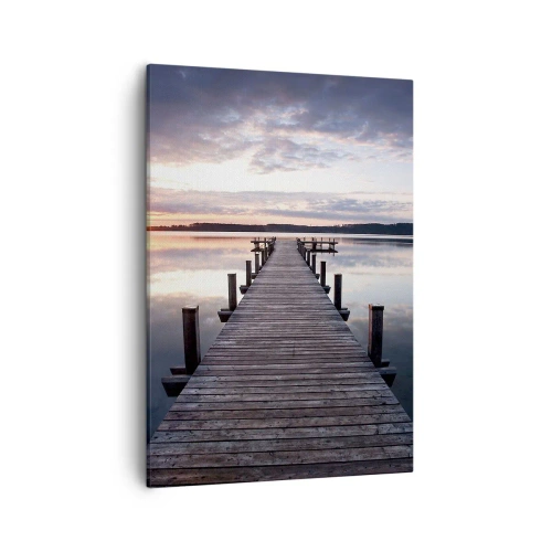Cuadro sobre lienzo - Impresión de Imagen - Un muelle en un lago al atardecer en un paisaje tranquilo. - 50x70cm - Frontera silenciosa del día y la noche - Decoración de pared moderna para salón y dormitorio ARTTOR
