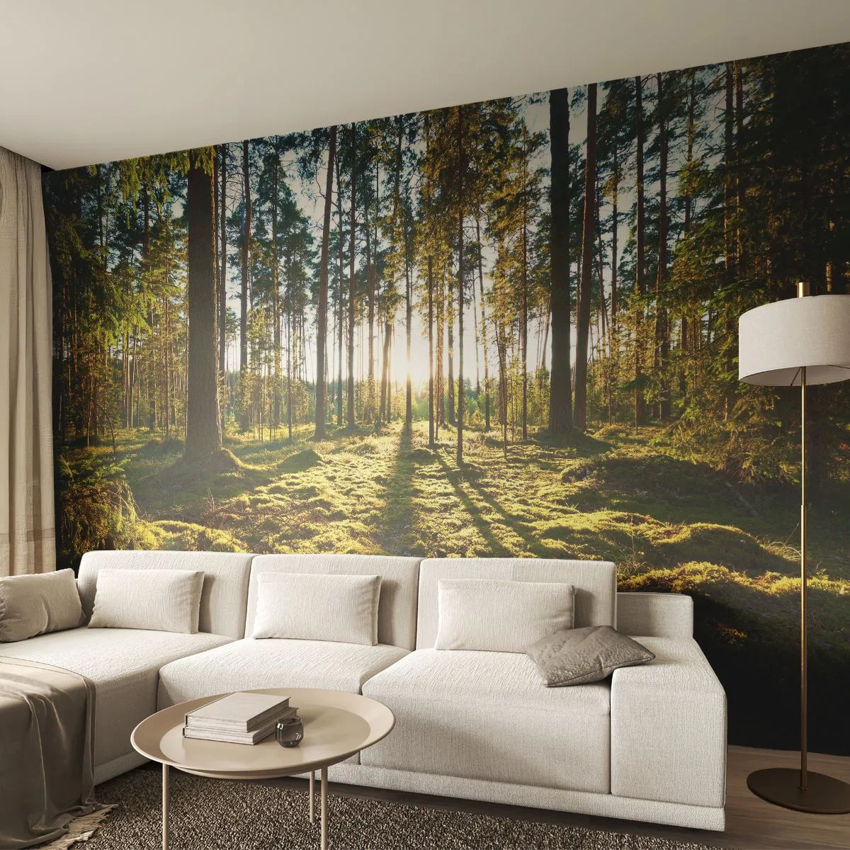 Fotomural Premium Sand - Bosque soleado con musgo verde y largas sombras de árboles. - 100x70cm - ...Más allá de los siete bosques - Decoración de pared moderna para salón y dormitorio ARTTOR