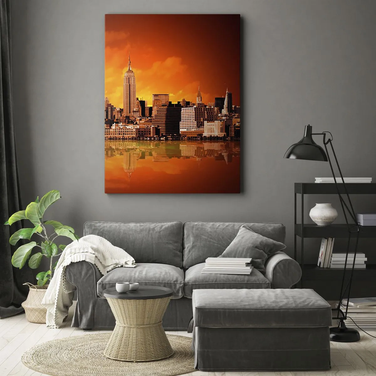 Cuadro sobre lienzo - Impresión de Imagen - Panorama de la ciudad al atardecer con edificios reflejados en el agua. - 50x70cm - Un panorama de la ciudad en amarillo y marrón - Decoración de pared moderna para salón y dormitorio ARTTOR