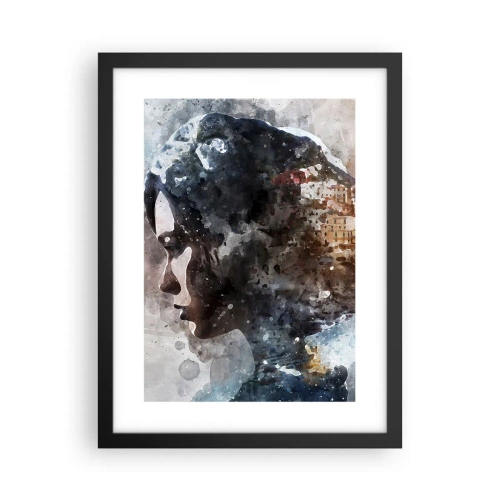 Póster en marco negro - Una historia sobre una niña con una ciudad de fondo - 30x40 cm