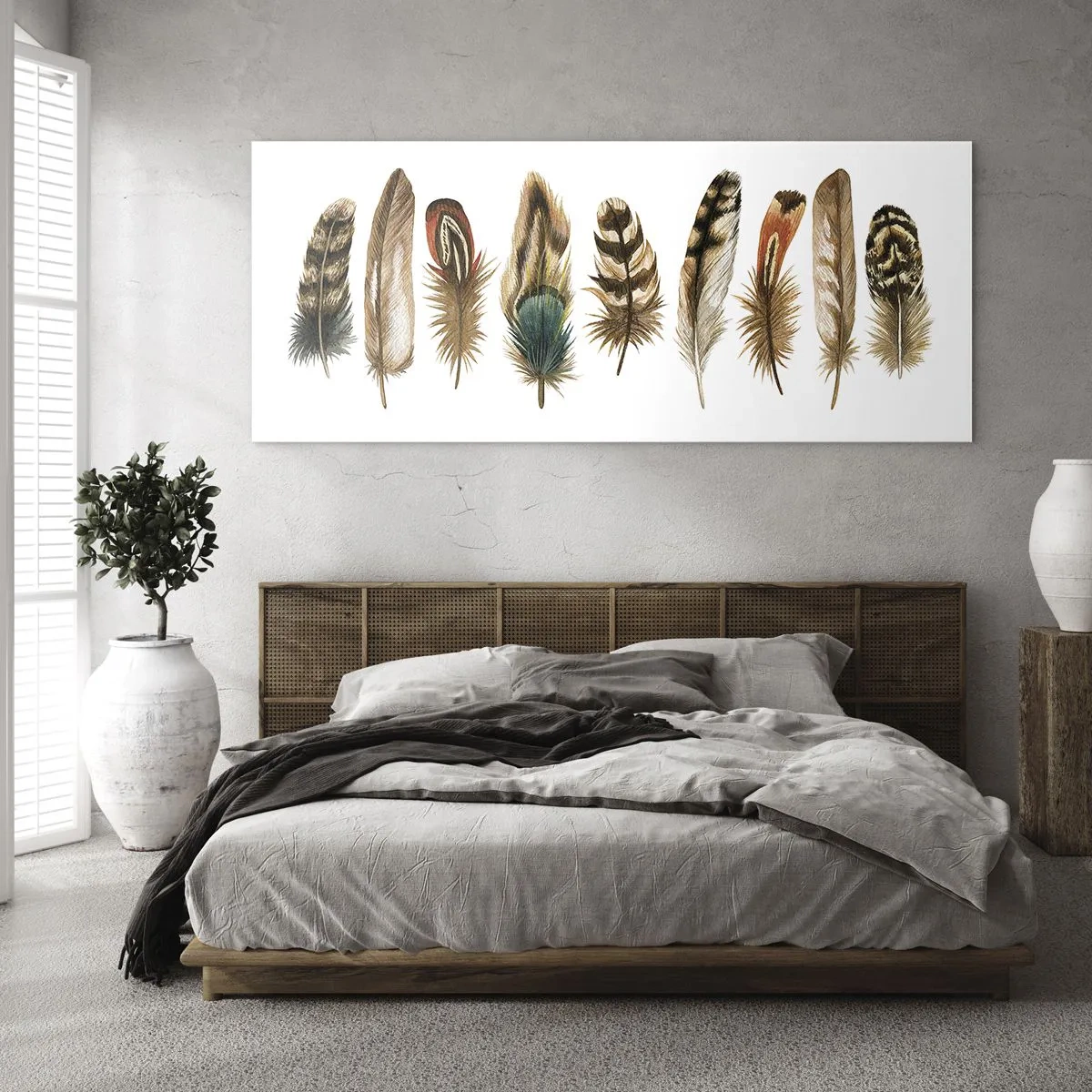 Cuadro sobre vidrio - Impresiones sobre Vidrio - Motivo decorativo de una colección de varias plumas. - 120x50cm - Estudio de plumas - Decoración de pared moderna para salón y dormitorio ARTTOR