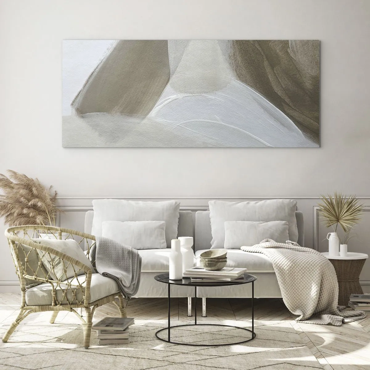 Cuadro sobre vidrio - Impresiones sobre Vidrio - Abstracción delicada en tonos beige y blanco. - 140x50cm - Ola de blanco - Decoración de pared moderna para salón y dormitorio ARTTOR