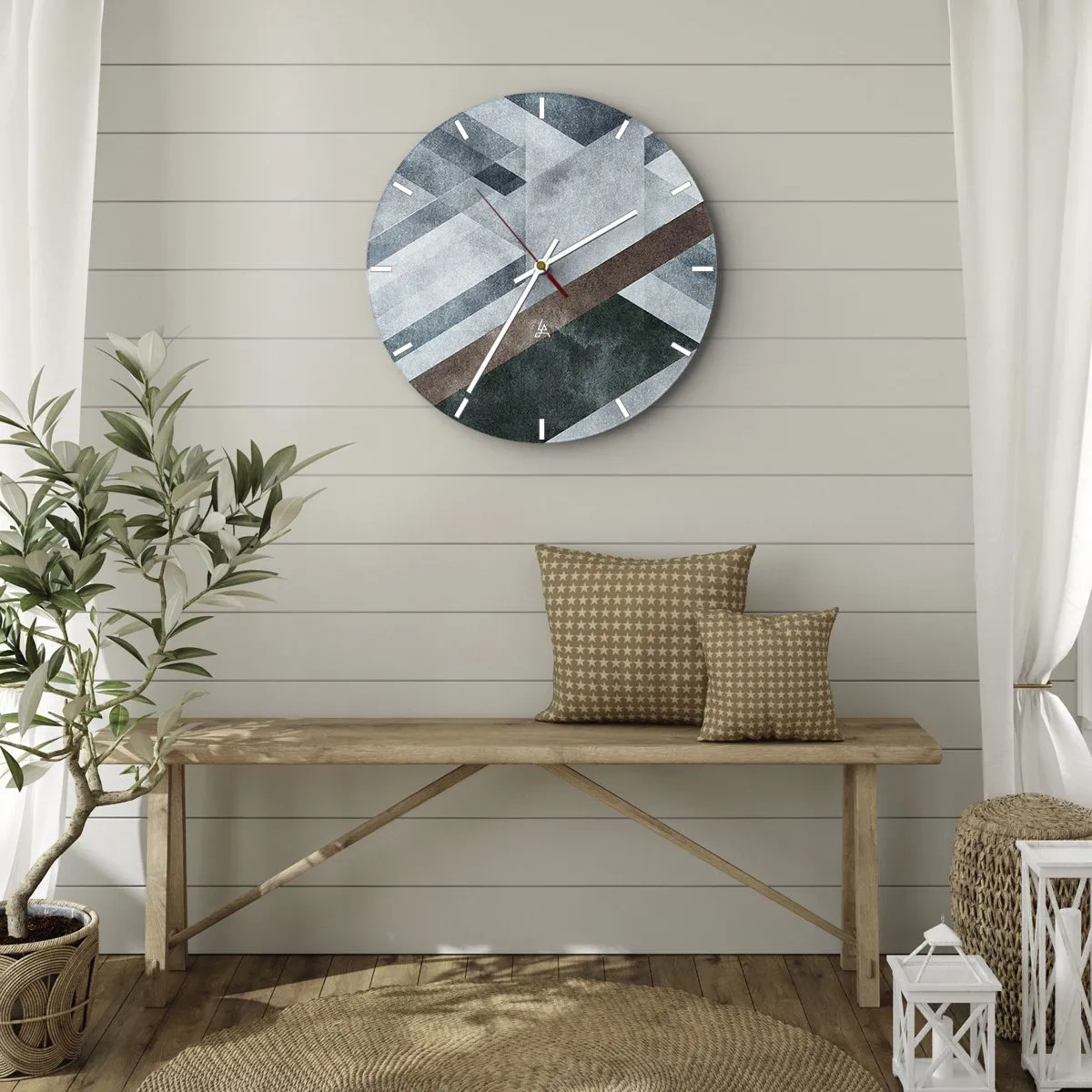 Reloj de pared - Reloj de vidrio - Geometría en tonos de azul, marrón y gris. - 30x30cm - Sofisticada elegancia de la geometría - Decoración de pared moderna para salón, cocina y dormitorio ARTTOR