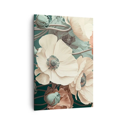 Cuadro sobre lienzo - Impresión de Imagen - Elegantes flores en tonos pastel sobre un fondo verde. - 70x100cm - Susurro de amapolas - Decoración de pared moderna para salón y dormitorio ARTTOR