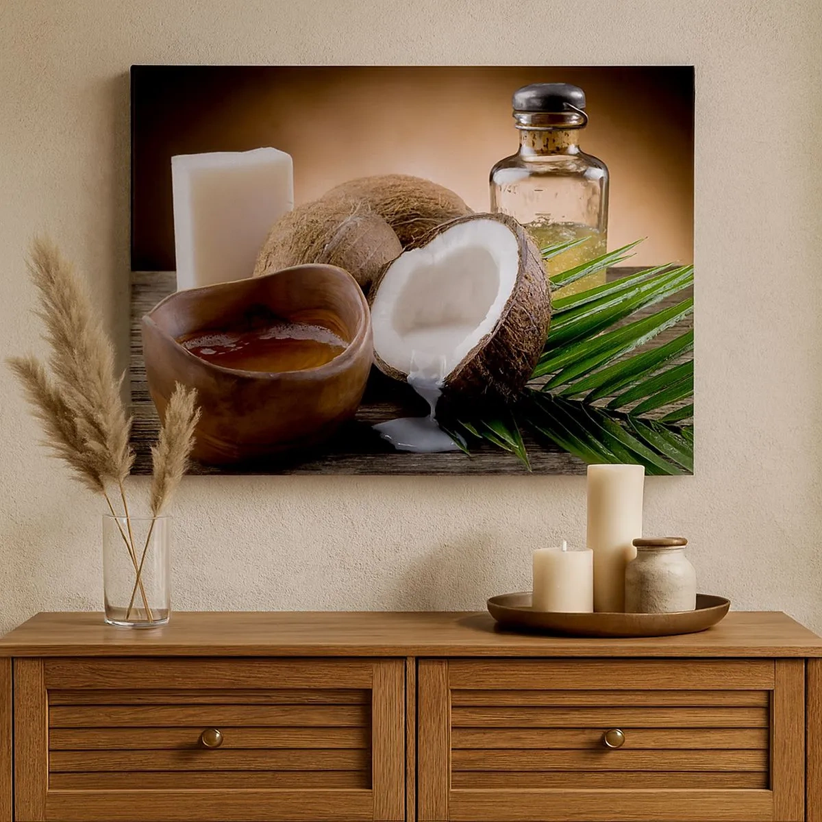 Cuadro sobre lienzo - Impresión de Imagen - Cocos, vela y aceite sobre fondo de madera. - 70x50cm - Salud de las islas tropicales - Decoración de pared moderna para salón y dormitorio ARTTOR