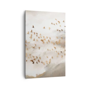 Cuadro sobre lienzo - Impresión de Imagen - Pájaros dorados contra las montañas brumosas - 80x120cm - Es hora... - Decoración de pared moderna para salón y dormitorio ARTTOR