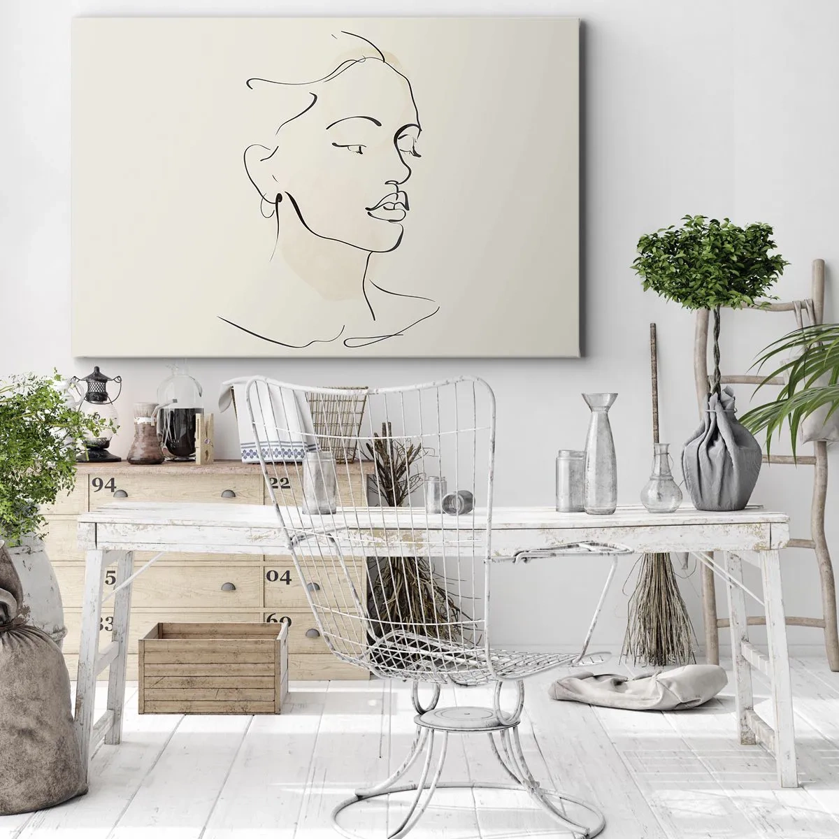 Cuadro sobre lienzo - Impresión de Imagen - Un delicado boceto del rostro de una mujer sobre un fondo claro. - 70x50cm - Líneas que muestran seguridad - Decoración de pared moderna para salón y dormitorio ARTTOR
