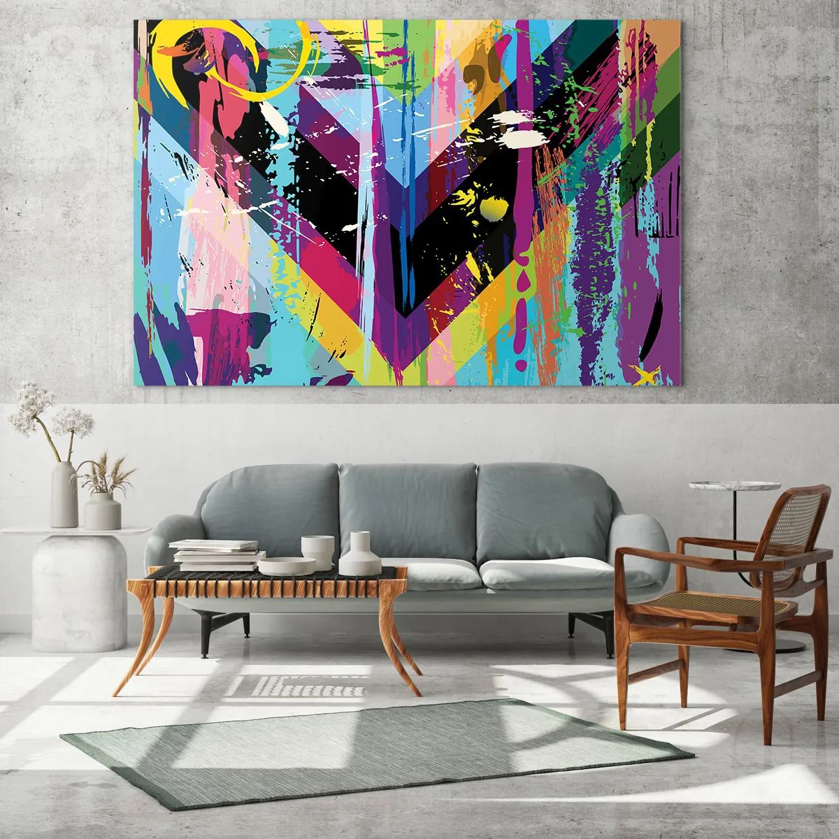Cuadro sobre vidrio - Impresiones sobre Vidrio - Abstracción colorida con formas dinámicas y colores intensos. - 120x80cm - De arriba a abajo - Decoración de pared moderna para salón y dormitorio ARTTOR