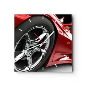 Reloj de pared - Reloj de vidrio - Coche deportivo rojo con ruedas cromadas - 30x30cm - Creado para la velocidad - Decoración de pared moderna para salón y dormitorio ARTTOR