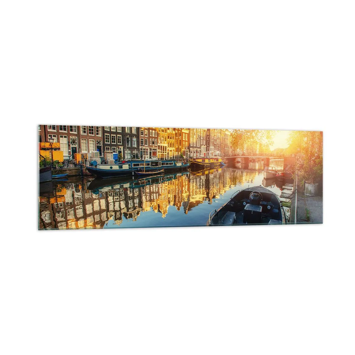 Cuadro sobre vidrio - Impresiones sobre Vidrio - Canal de Ámsterdam al atardecer - 160x50cm - Mañana en Ámsterdam - Decoración de pared moderna para salón y dormitorio ARTTOR