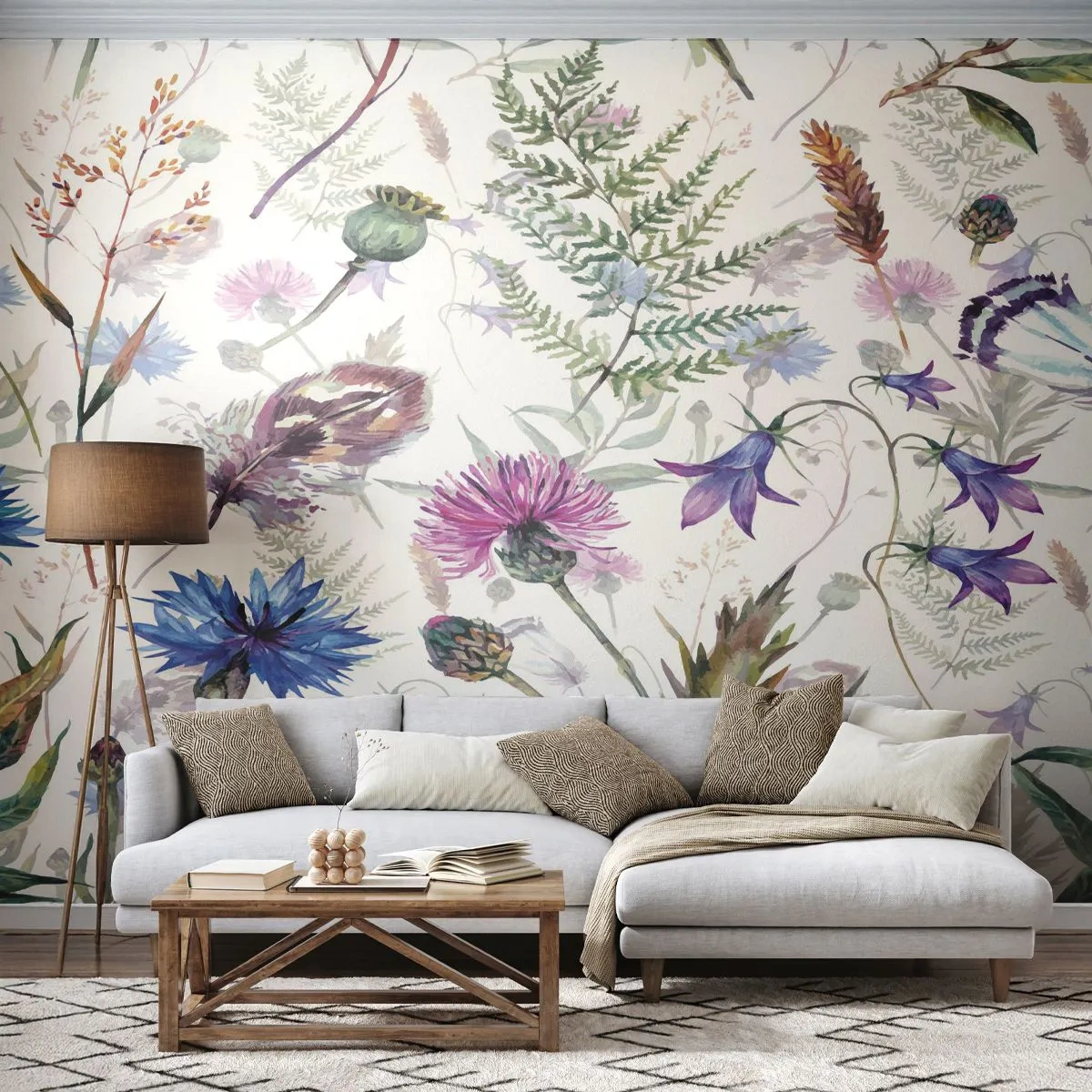 Fotomural Premium Sand - Flores y hojas de acuarela sobre un fondo blanco. - 100x70cm - Herbario polaco - Decoración de pared moderna para salón y dormitorio ARTTOR