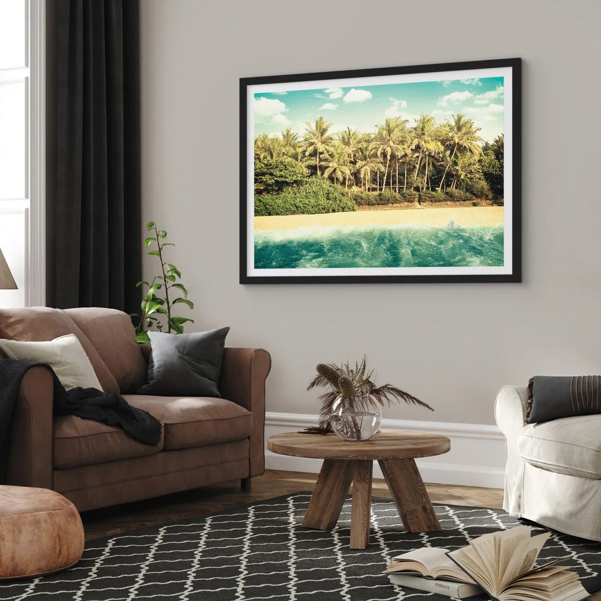 Póster en marco negro - Playa tropical con palmeras y mar turquesa. - 70x50cm - ¿Qué tal aquí? - Decoración de pared moderna para salón y dormitorio ARTTOR