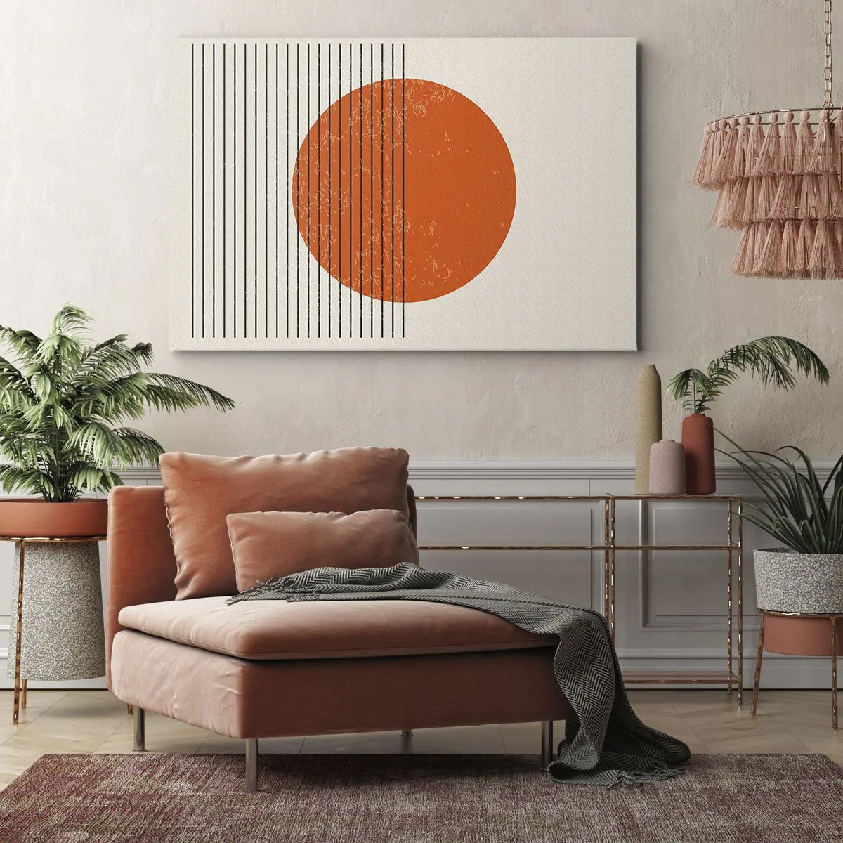 Cuadro sobre lienzo - Impresión de Imagen - Sol minimalista con líneas geométricas. - 120x80cm - Siempre el sol - Decoración de pared moderna para salón y dormitorio ARTTOR