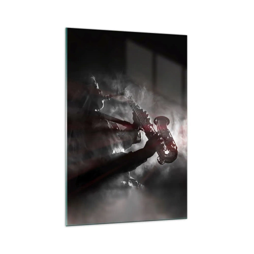 Cuadro sobre vidrio - Impresiones sobre Vidrio - Saxofonista en humo en el escenario en negro y rojo atmosférico - 70x100cm - En el vapor del jazz - Decoración de pared moderna para salón y dormitorio ARTTOR