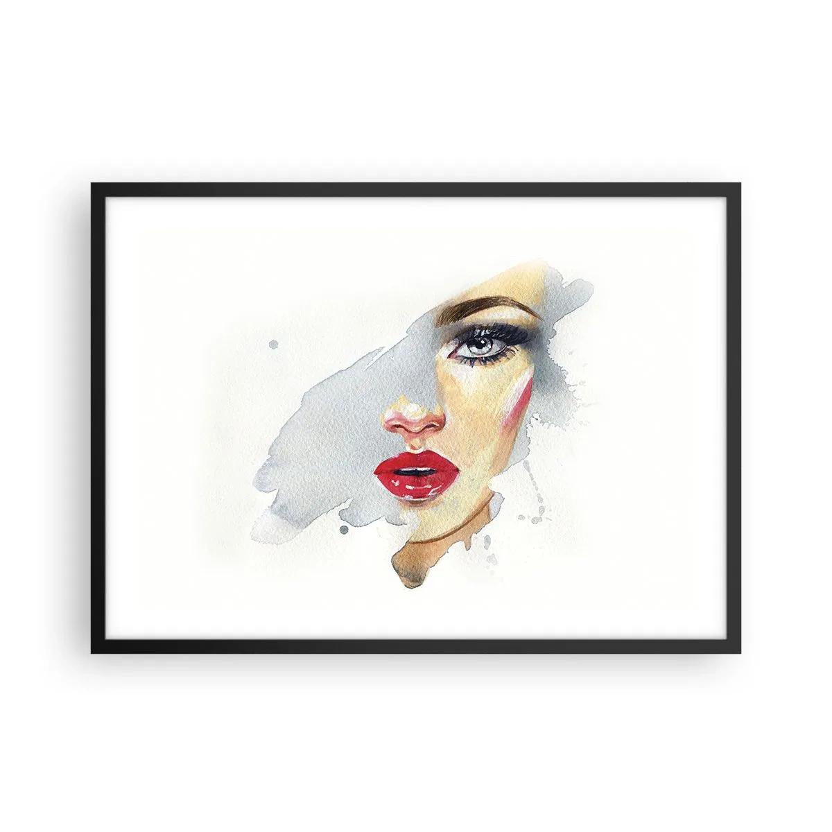 Póster en marco negro - Un retrato en acuarela de una mujer de mirada intensa. - 70x50cm - Reflejo en una gota de agua - Decoración de pared moderna para salón y dormitorio ARTTOR