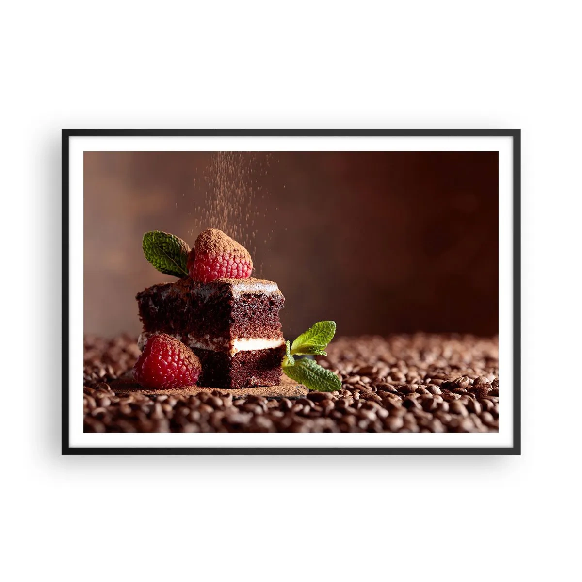 Póster en marco negro - Pastel de chocolate con frambuesas y menta sobre un fondo de granos de cacao. - 100x70cm - La vida es dulce - Decoración de pared moderna para salón y dormitorio ARTTOR