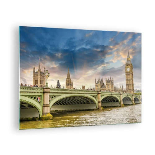 Cuadro sobre vidrio - Impresiones sobre Vidrio - El Big Ben y el puente de Westminster al atardecer - 70x50cm - El tiempo se detuvo en el Imperio - Decoración de pared moderna para salón y dormitorio ARTTOR