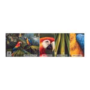 Muestra de fotomural autoadhesivo Deluxe Sticker - Romanticismo en los trópicos - loro ara, animales, Bosque tropical - 100x30 cm