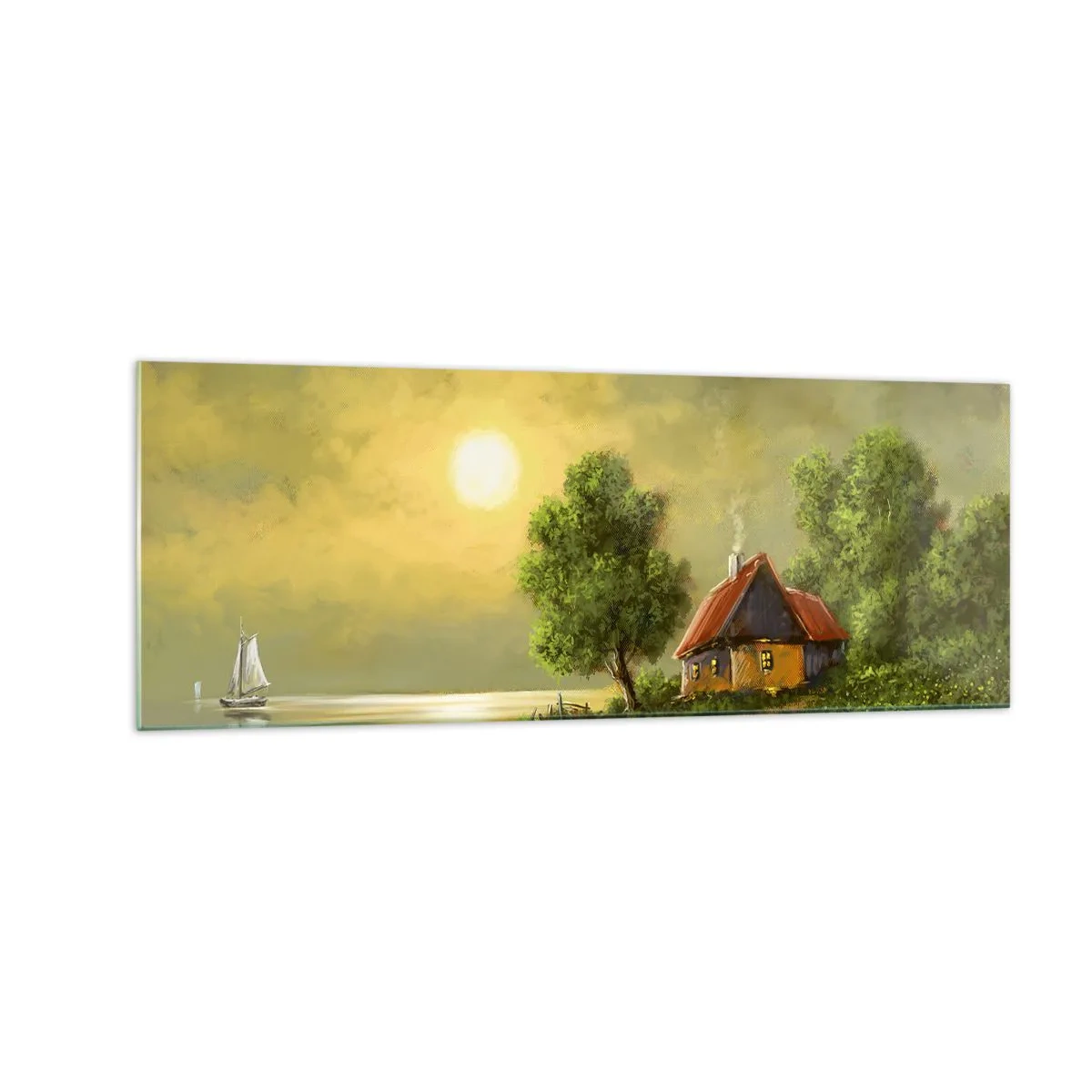 Cuadro sobre vidrio - Impresiones sobre Vidrio - Casa del lago a la luz del atardecer - 140x50cm - Es hermoso, como salido de un cuadro - Decoración de pared moderna para salón y dormitorio ARTTOR