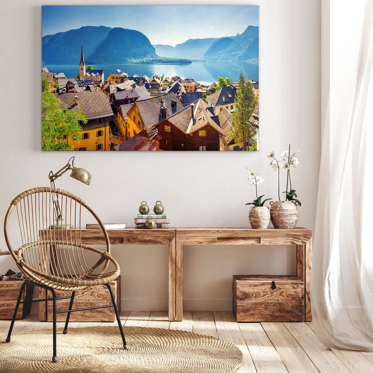 Cuadro sobre lienzo - Impresión de Imagen - Un pintoresco pueblo junto a un lago rodeado de montañas en un día soleado. - 70x50cm - No podría ser más pintoresco - Decoración de pared moderna para salón y dormitorio ARTTOR