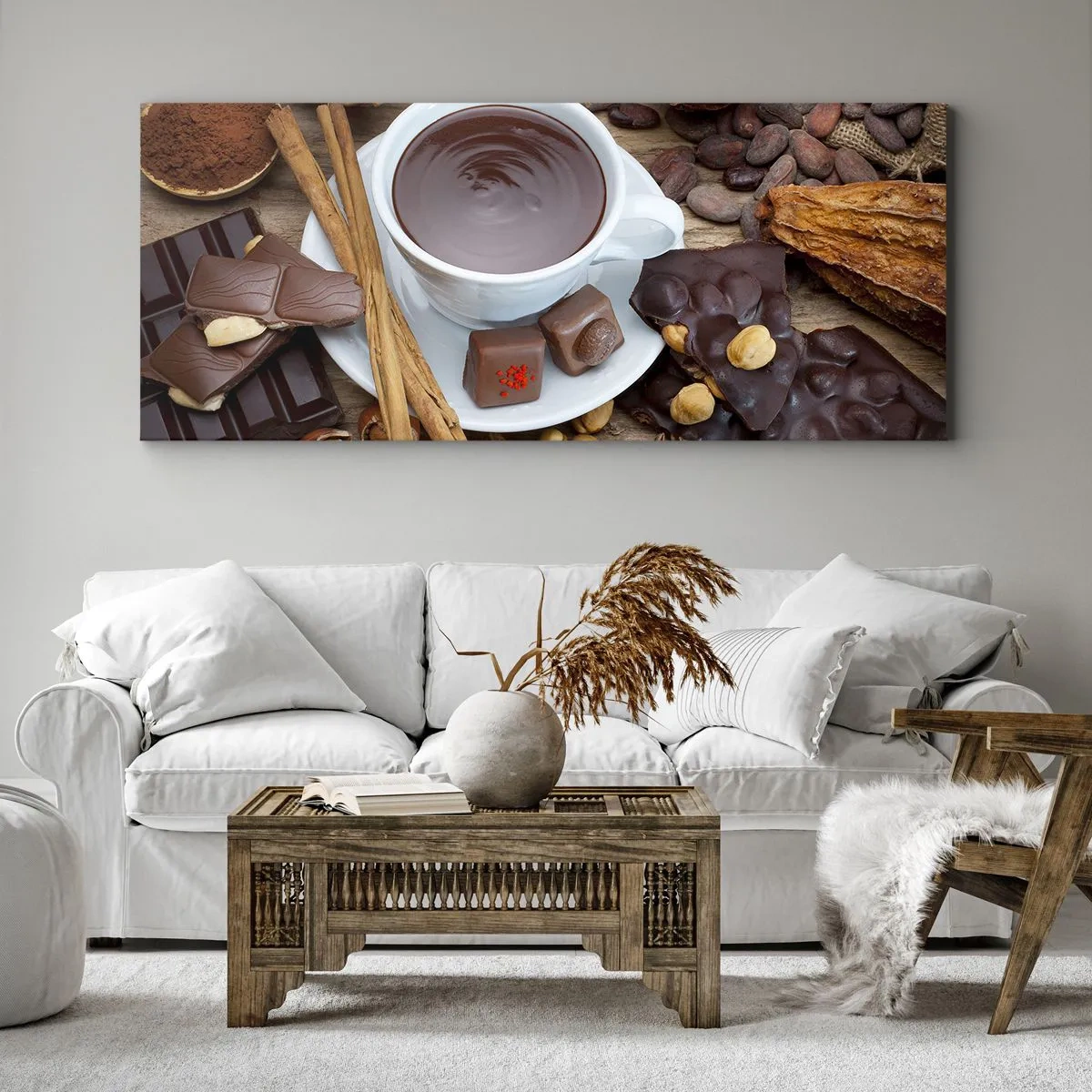 Cuadro sobre lienzo - Impresión de Imagen - Una taza de chocolate caliente rodeada de ingredientes de postre. - 120x50cm - Chocolate de ensueño - Decoración de pared moderna para salón y dormitorio ARTTOR