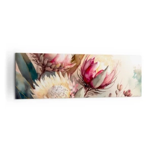 Cuadro sobre lienzo - Impresión de Imagen - Flores de protea en delicados tonos pastel. - 160x50cm - De perfil y de frente - Decoración de pared moderna para salón y dormitorio ARTTOR