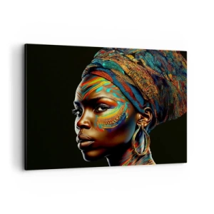 Cuadro sobre lienzo - Impresión de Imagen - Retrato de una mujer con un patrón colorido y un turbante. - 100x70cm - Reina africana - Decoración de pared moderna para salón y dormitorio ARTTOR