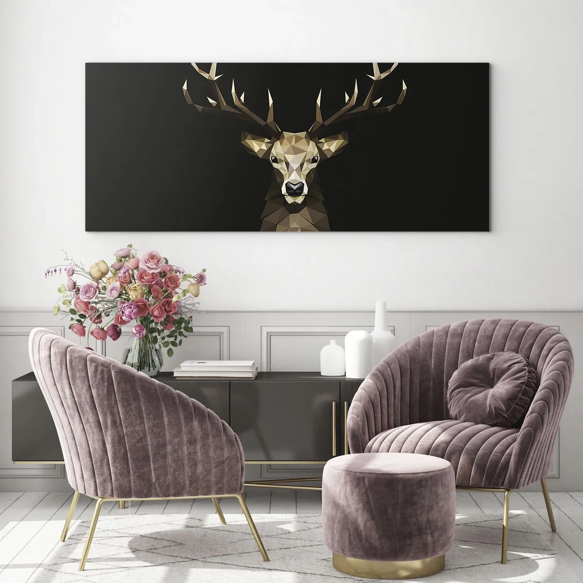 Cuadro sobre vidrio - Impresiones sobre Vidrio - Ciervo poligonal geométrico sobre fondo negro - 140x50cm - Ciervo cubista - Decoración de pared moderna para salón y dormitorio ARTTOR