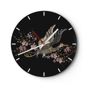 Reloj de pared - Reloj de vidrio - Un pájaro en vuelo entre flores sobre un fondo negro. - 30x30cm - Ave florida - Decoración de pared moderna para salón, cocina y dormitorio ARTTOR