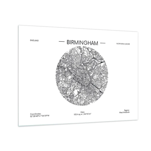 Cuadro sobre vidrio - Impresiones sobre Vidrio - Mapa en blanco y negro de Birmingham en un estilo gráfico moderno - 70x50cm - Anatomía de Birmingham - Decoración de pared moderna para salón y dormitorio ARTTOR