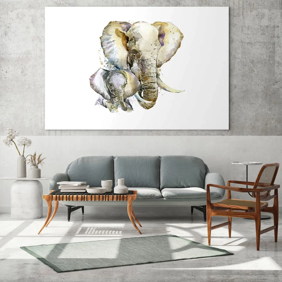 Cuadro sobre vidrio - Impresiones sobre Vidrio - Elefantes artísticos en estilo acuarela sobre un fondo blanco. - 100x70cm - Con nadie como con la madre - Decoración de pared moderna para salón y dormitorio ARTTOR