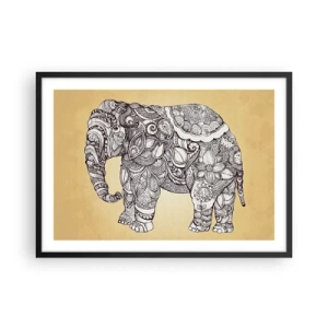 Póster en marco negro - Elefante dibujado a mano con un patrón ornamentado sobre un fondo beige. - 70x50cm - El elefante decorado - Decoración de pared moderna para salón y dormitorio ARTTOR