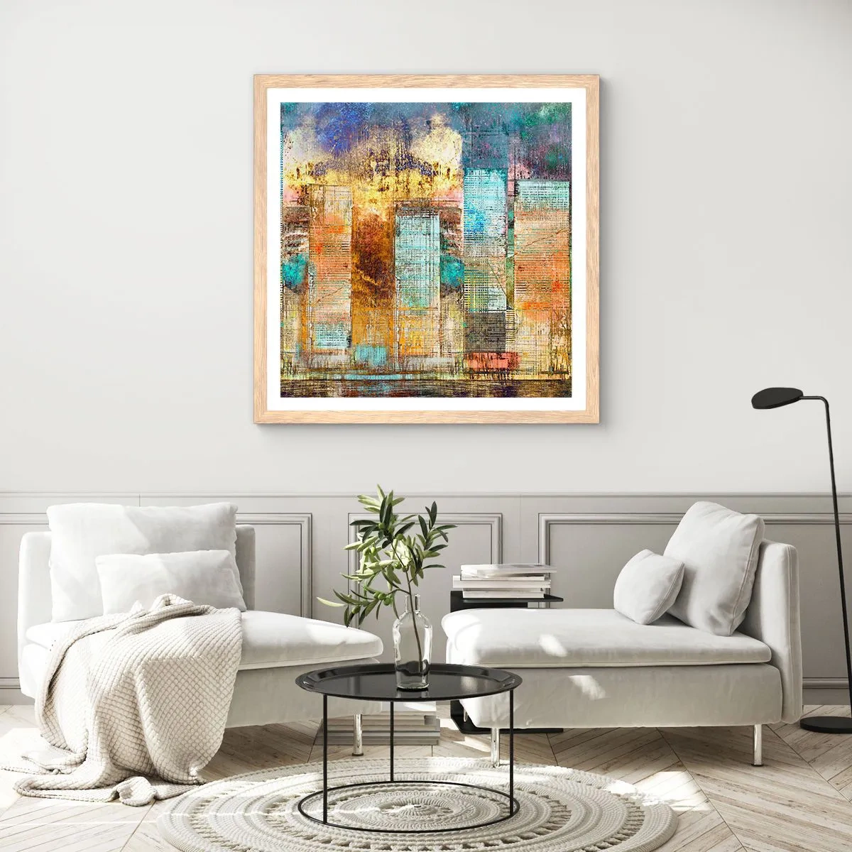 Póster en marco roble claro - Metrópolis soleada - 40x40 cm