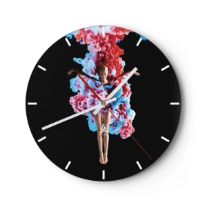 Reloj de pared - Reloj de vidrio - Una bailarina rodeada de humo de colores sobre un fondo negro. - 30x30cm - En plena floración - Decoración de pared moderna para salón, cocina y dormitorio ARTTOR