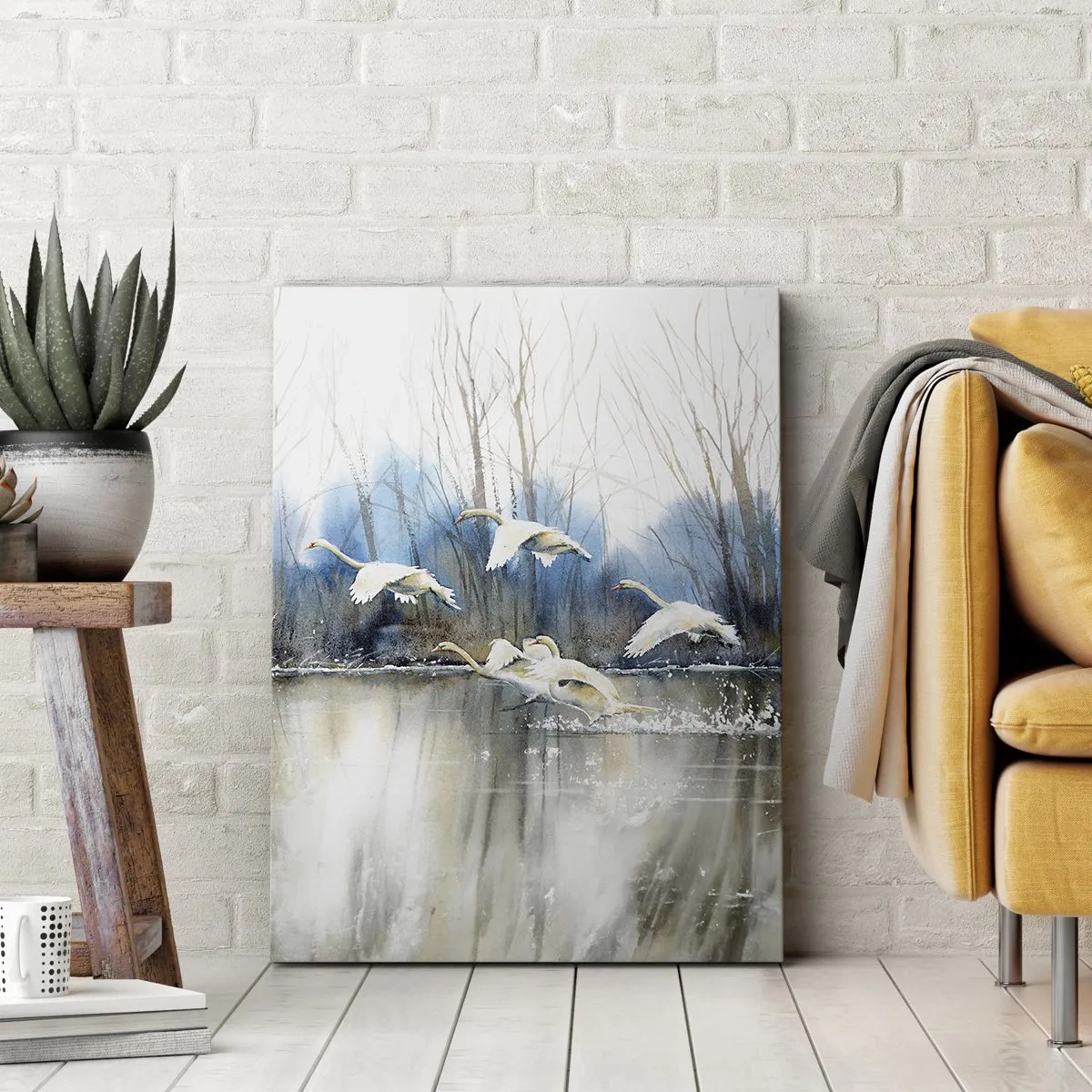 Cuadro sobre lienzo - Impresión de Imagen - Cisnes en vuelo sobre un lago congelado en un paisaje invernal - 50x70cm - Como en un cuento de cisnes salvajes - Decoración de pared moderna para salón y dormitorio ARTTOR