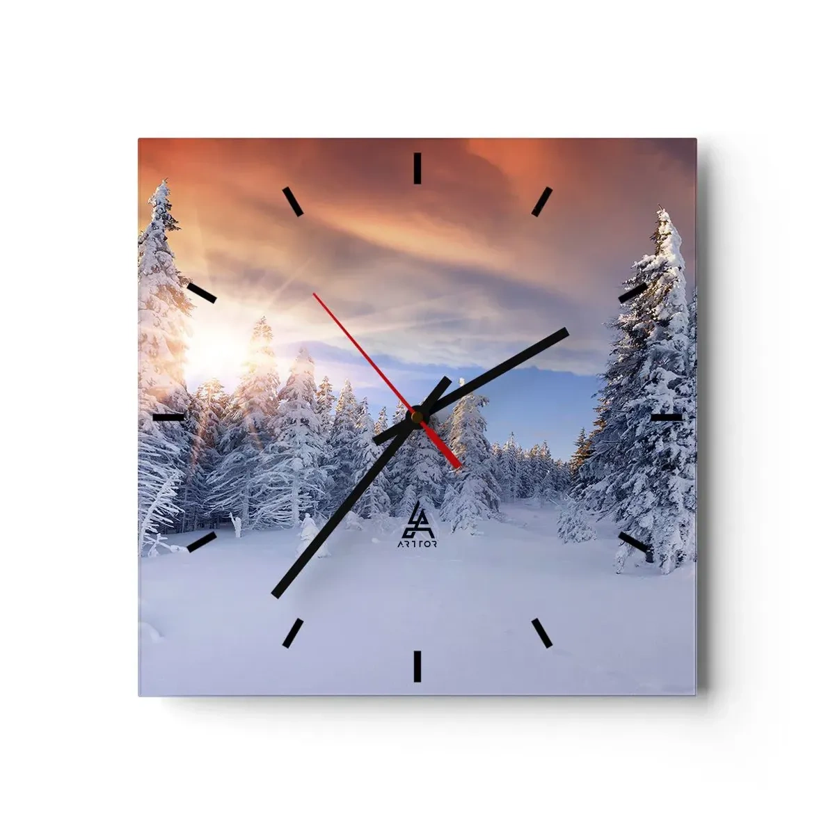 Reloj de pared - Reloj de vidrio - Paisaje invernal con un bosque nevado al atardecer - 30x30cm - Un espectáculo de naturaleza nevada - Decoración de pared moderna para salón y dormitorio ARTTOR