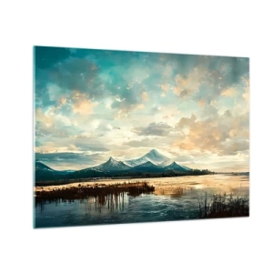 Cuadro sobre vidrio - Impresiones sobre Vidrio - Paisaje invernal con montañas y un lago congelado. - 70x50cm - Bajo la protección del cielo - Decoración de pared moderna para salón y dormitorio ARTTOR